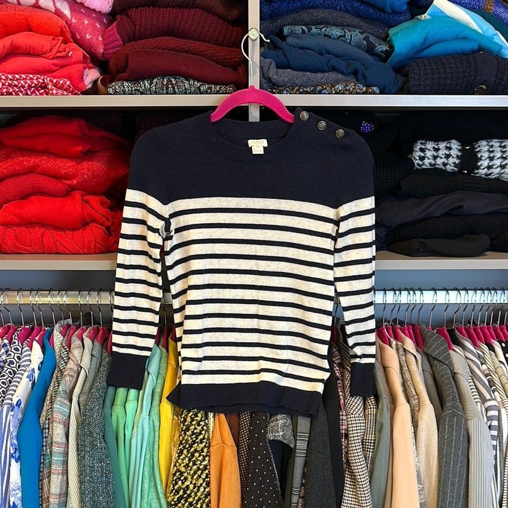J Crew navy/white striped 3/4 sleeve nautical button detail sweater size XS